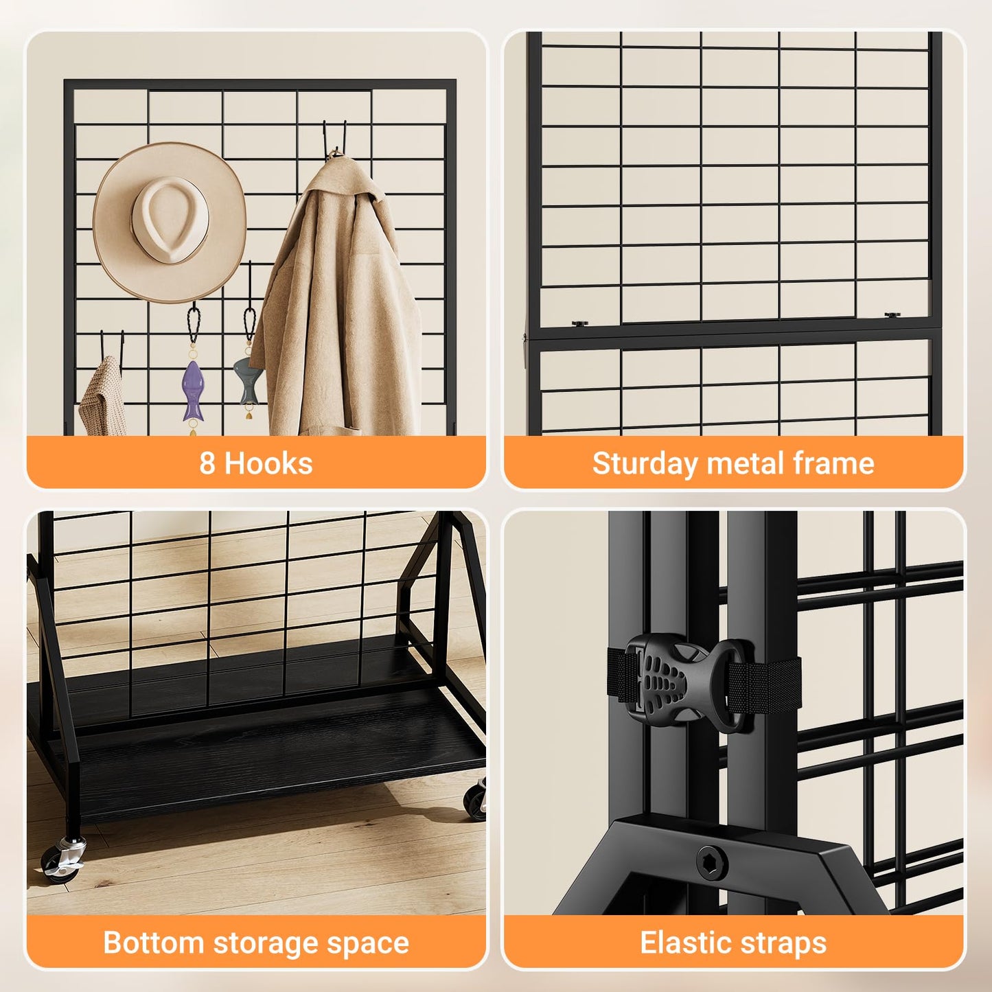 ELYKEN 2 Pack Foldable Grid Wall Panels 5.7' x 2' FT, Movable Wire Gridwall Display Rack with Wheels and Adjustable Foots, Retail Display Stand for Vendor with Storage (Black)
