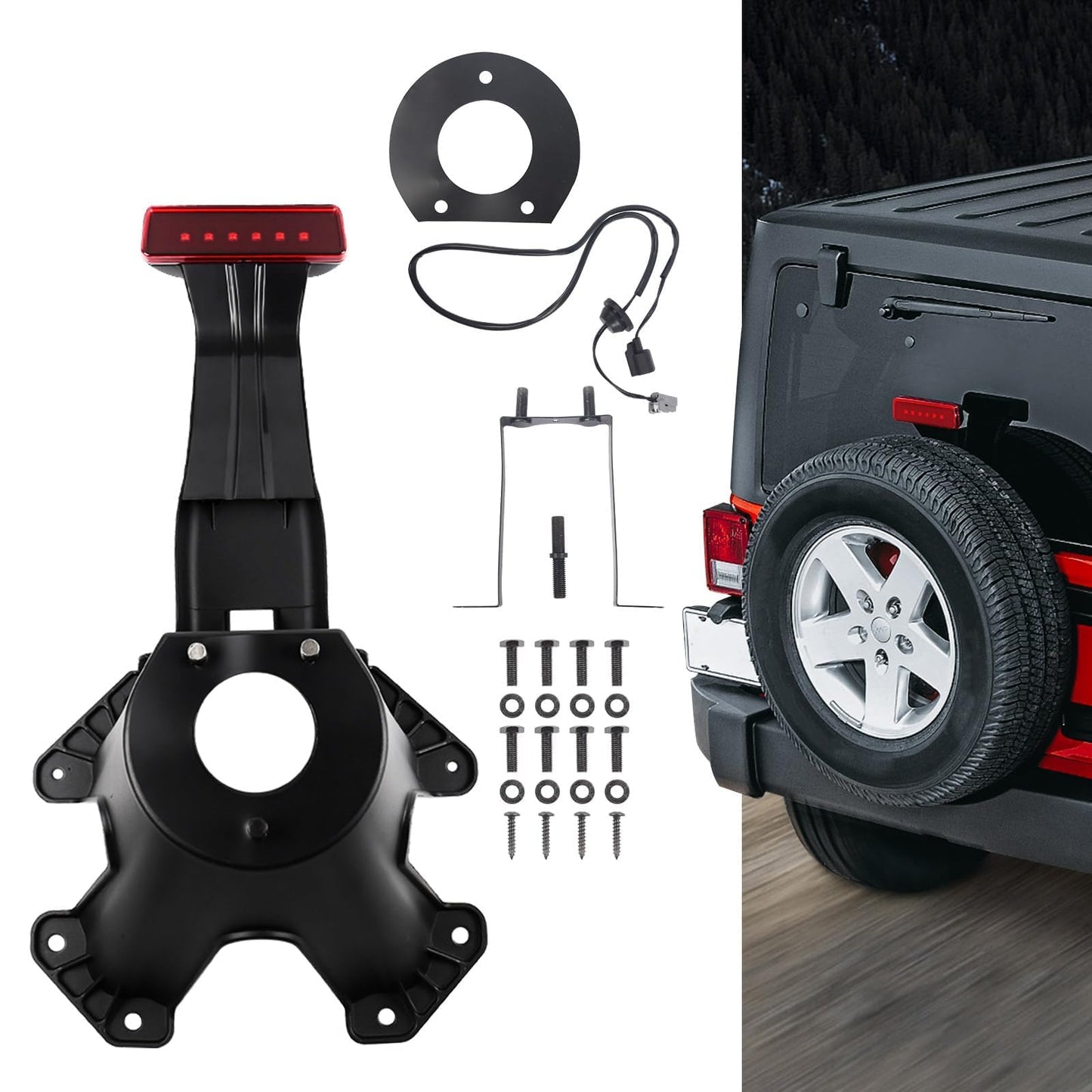 DKMGHT Spare Tire Holder Mounting Bracket Tire Carrier for Jeep Wrangler JK 07-18 with 3rd Third Brake Light Accessories 55397217AJ 68048581AA Aluminum Alloy Carrier Bracket(Red Lens)
