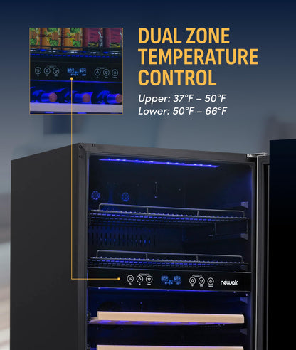 NewAir 24" Dual Zone Beverage Refrigerator & Wine Cooler for 20 Bottles & 70 Cans | Freestanding or Built-In Under Counter Mini Fridge for Beer, Wine and Soda | Stainless Steel