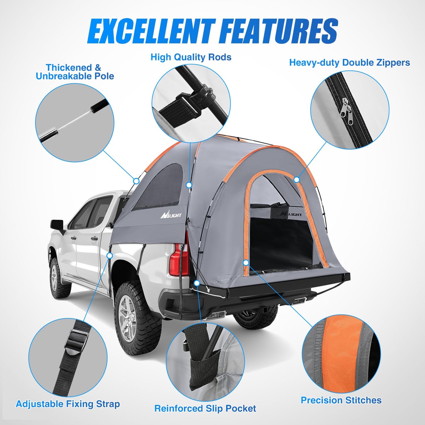 Nilight Truck Bed Tent 8-8.5 FT Pickup Truck Tents with Rainfly Waterproof PU2000mm Double Layer for 2-Person Portable Full Size Long Tailgate Bed Tent for Truck Camping Outdoor Travel, Orange Grey