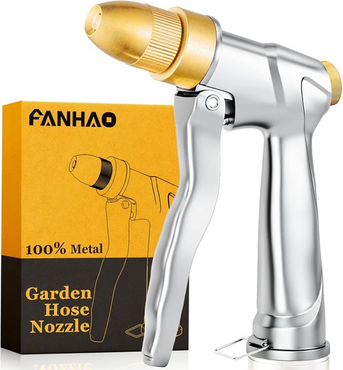 FANHAO Heavy Duty Metal Garden Hose Nozzle - Adjustable Brass Tip Spray for Plants, Cars & Pets