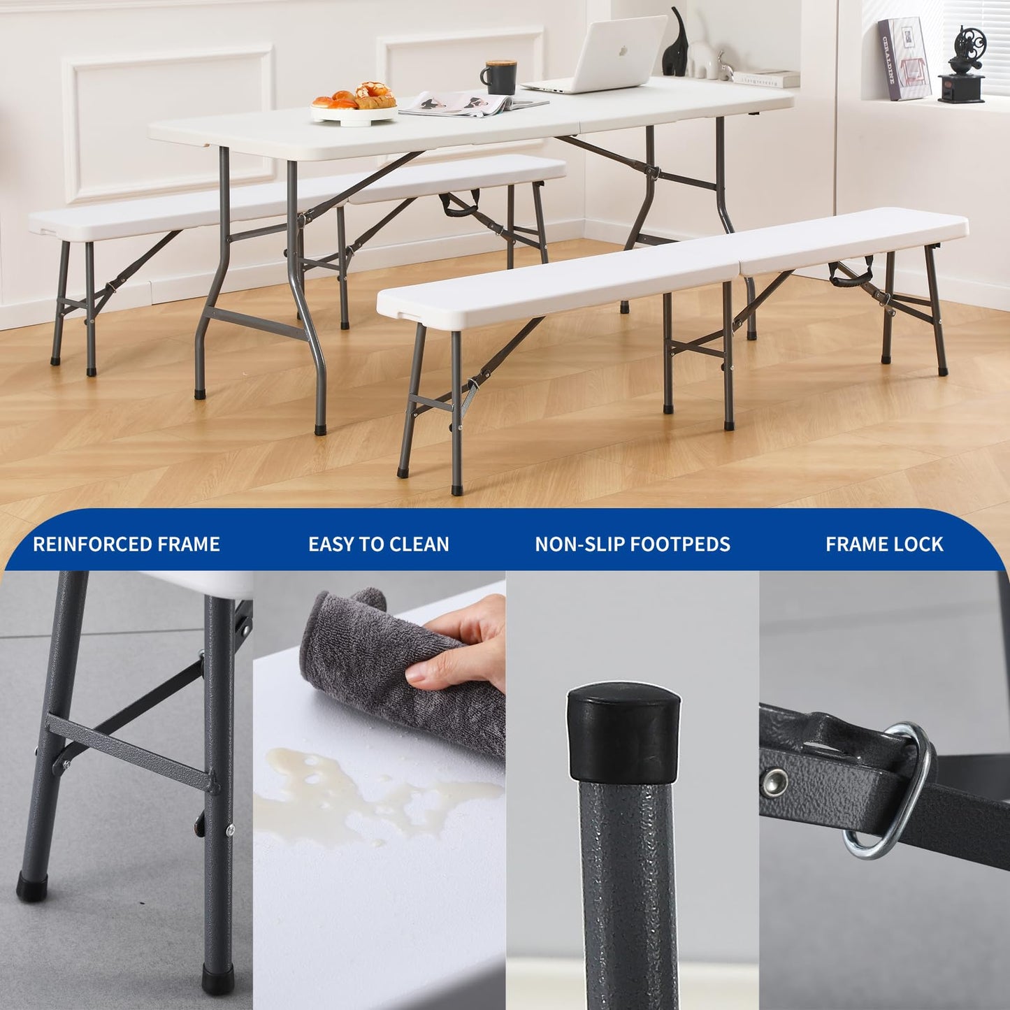 KAIHAOWIN 6FT Plastic Folding Bench White with Carrying Handle Indoor/Outdoor Portable Seat for Picnic, Camping, Dining, Party- 2 Pack