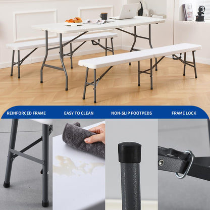 KAIHAOWIN 6FT Plastic Folding Bench White with Carrying Handle Indoor/Outdoor Portable Seat for Picnic, Camping, Dining, Party- 2 Pack