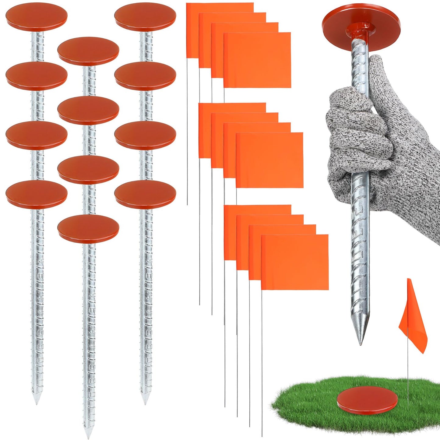 Otoolling 12 Pack 12 Inch Galvanized Property Line Stakes with Marking Flags Writable Heavy Duty Rebar Hi Vis Orange Survey Markers Permanent for Yard Lawn, Irrigation Landscape Sprinkler Pet Training