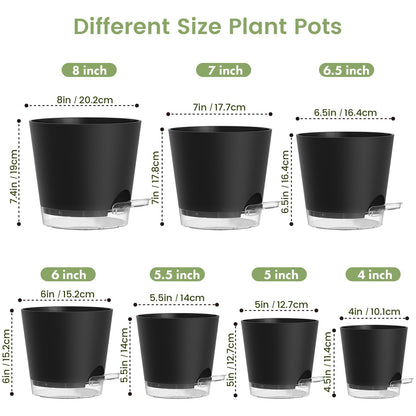 Meowell Self Watering Pots Set of 7 – Assorted Size 4" to 8" Indoor Plant Pots with Drainage Holes and Clear Reservoir for Visible Water Level, Plastic Wicking Planter for House Plants & Flower, Black