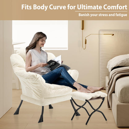 Youtanic Lazy Chair with Folding Ottoman, Accent Chair Plush Upholstered with Metal Structure and Non-Slip Pads, Sofa Armchair with Footrest and Side Storage Bag for Dorm, Room, Office, Beige