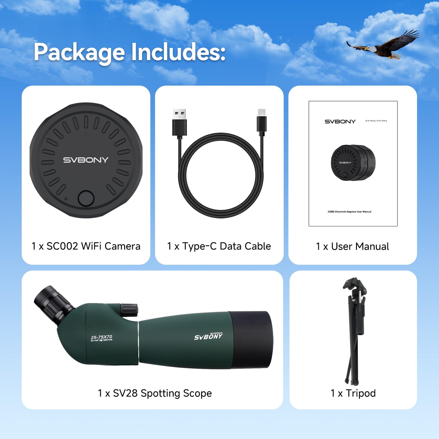SVBONY SV28 Spotting Scope with Tripod & SC002 WiFi Camera for Digiscoping, Waterproof & Fofproof, 25-75x70mm Long Range Spotter Scope for Target Observing, Bird Watching