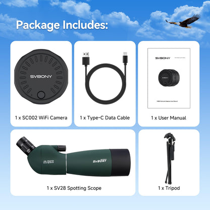 SVBONY SV28 Spotting Scope with Tripod & SC002 WiFi Camera for Digiscoping, Waterproof & Fofproof, 25-75x70mm Long Range Spotter Scope for Target Observing, Bird Watching