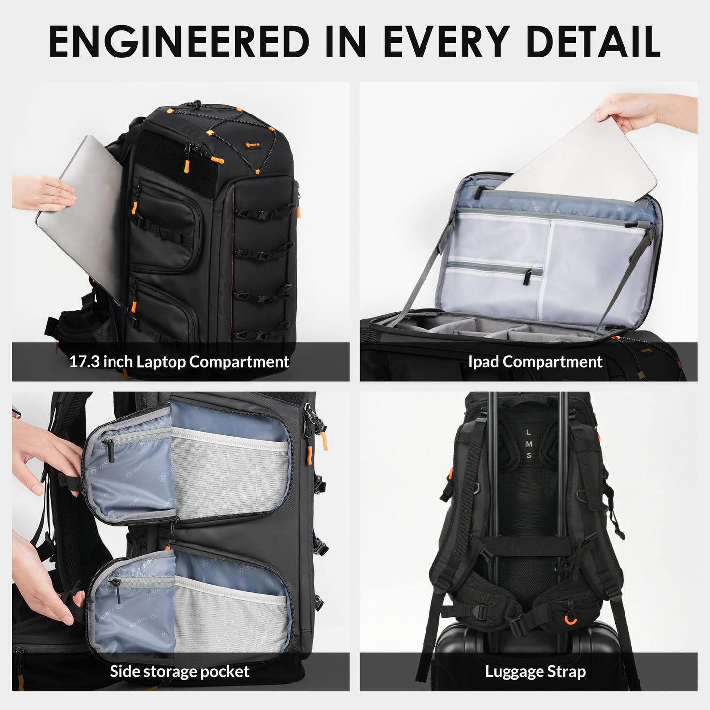 TARION FPV Drone Backpack 30L - Extra Large Camera Bag with 17in Laptop Compartment Waterproof Rain Cover - External Mounts for 7 Drones - FlightPro