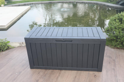 BTEXPERT 75 Gallon Resin Deck Box, Outdoor Storage Container for Patio Furniture Garden Tools Cushions Pool Sports Equipment Waterproof Lockable Stainless Steel insert UV Resistant Set of 2