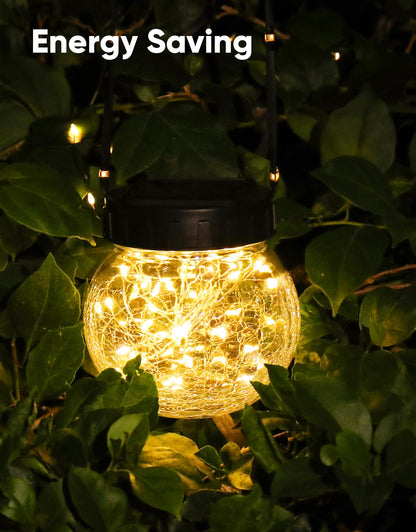 PARTPHONER Solar Lights Outdoor Waterproof 24-Pack, Solar Powered Hanging Lantern Cracked Glass Hanging Globes for Yard Decor Christmas Decoration, Shepherd Hook, Garden Tree Table Ornaments, Warm