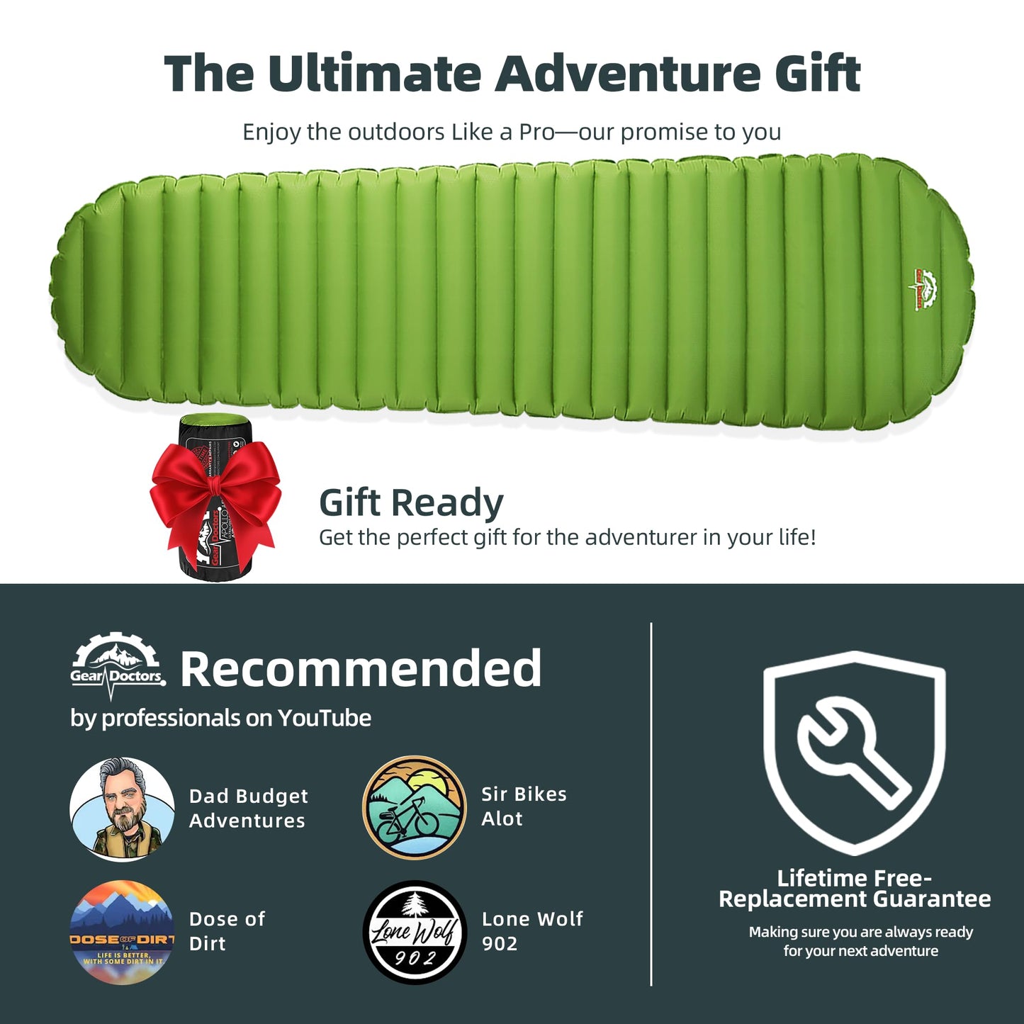 Gear Doctors® ApolloAir 5.2 R-Value [17oz] Ultralight Insulated Inflatable Camping Sleeping Pad — Backpacking Sleeping Pad— Camping Mattress Compact Lightweight for Hiking—Air Mattress for Backpacking