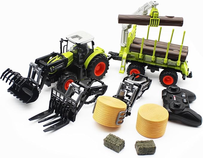 Remote Control Tractor Farm Playset 2.4Ghz Electronic RC Tractor with Trailer and Timber Truck Farm Toys Set with Wood Grabber Multifunctional headers Farmers for Kids Age 3 4 5 6 Years Old