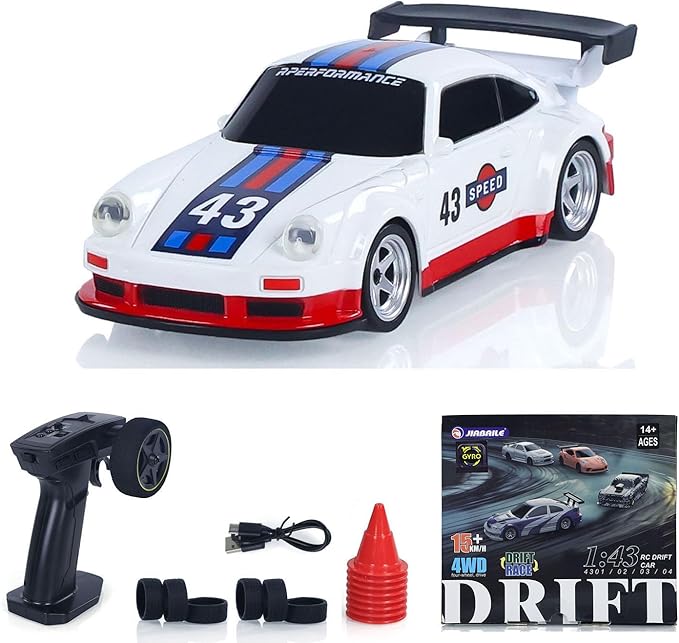 1/43 High Speed 2.4 GHz Mini RC Drift Car with 4 Wheel Drive Motor ESC Servo Motor Lighting Battery Charging Cable Gyroscope Hobby Grade Model for Birthday Gift