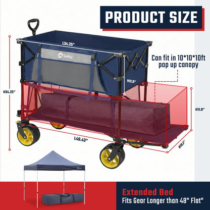 Sekey 500LBS Heavy Duty Double Decker Wagon with Extender, 400L Large Capacity Collapsible Garden Cart Fits 10x10 Canopy, All-Terrain Big Wheels with Brakes, Foldable Utility Wagon for Sports, Camping