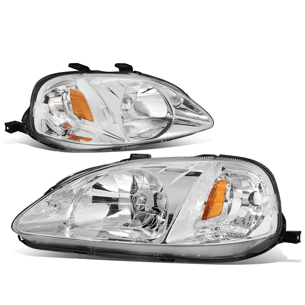 DNA MOTORING Pair Headlight Assembly Compatible With 99-00 Honda Civic, Chrome/Amber, HL-OH-HC99-CH-AM