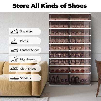FAHKNS 9 Tier 18 Pairs Foldable Shoe Rack with Wheels, Portable Plastic Shoe Storage Cabinet with Clear Magnetic Doors Space Saving No Assembly for Entryway, Living Room, Closet