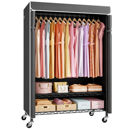 ULIFHOME P6C Plus Rolling Clothes Rack with Cover, Covered Clothing Rack Heavy Duty, Portable Closet for Hanging Clothes, Garment Rack on Wheels, Black Closet Rack with Black Cover, Max Load 375LBS