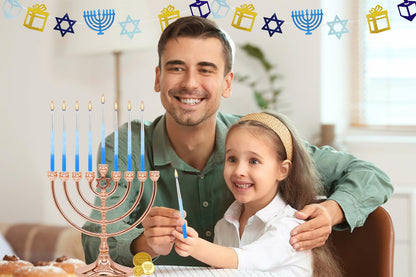 The Dreidel Company Deluxe Hanukkah Candles Metallic Silver with Blue Frost Hanukkah Frosted Premium Tapered Hand Decorated Chanuka Candles Set of 45. 1-Hour Burn Time