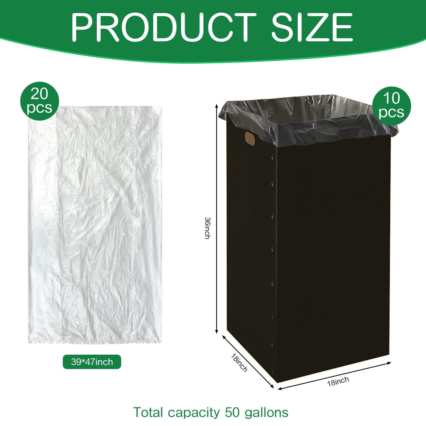 Nosiny 10 Pcs 50 Gallon Corrugated Cardboard Trash Cans for Events, Disposable and Reusable Cardboard Bin Bulk with Trash Bag, Recycling Pop-up Garbage Box, Foldable Waste Container for Party (Black)
