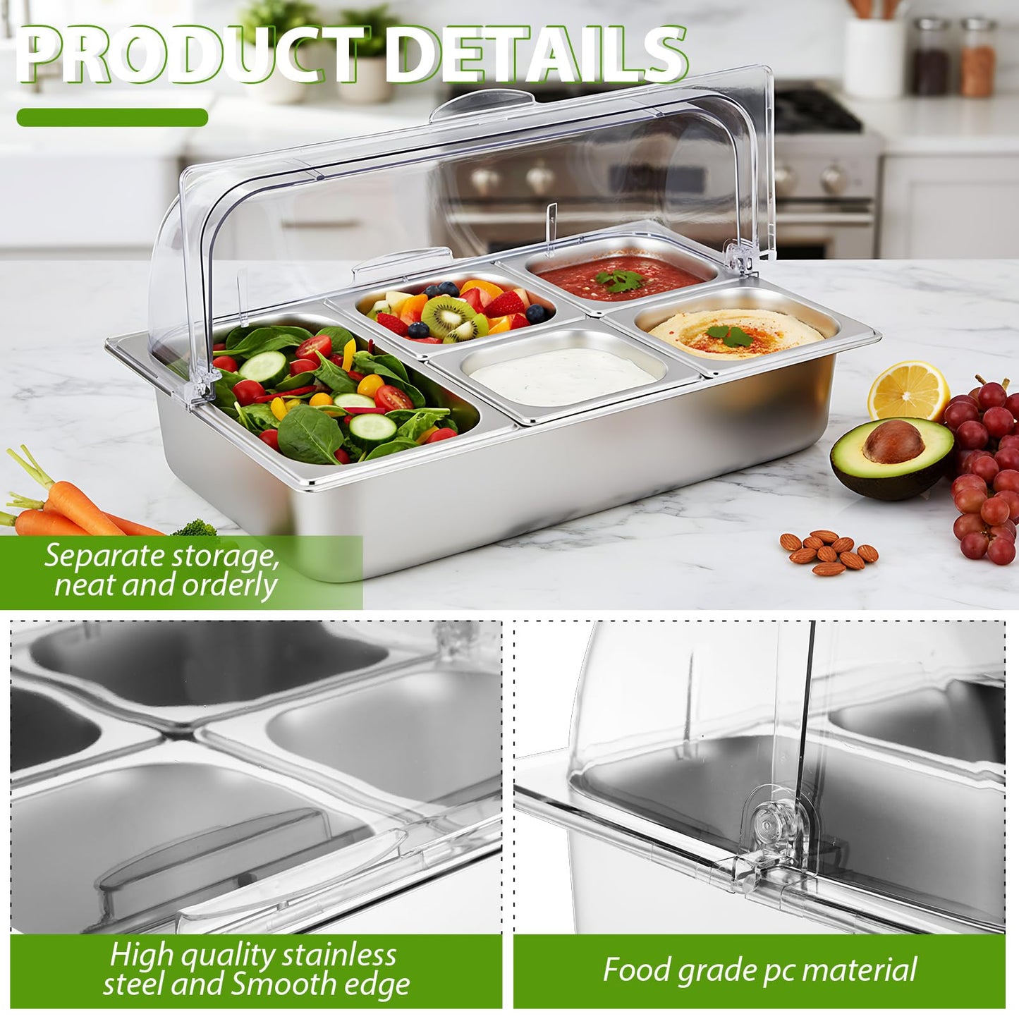 Ziliny Countertop Food Serving Display Container and Clear Roll Top Cover Stainless Steel Food Serving Tray Buffet Condiment Dispenser Display Rack for Restaurant Hotel Kitchen Party (21 x 13 x 11)