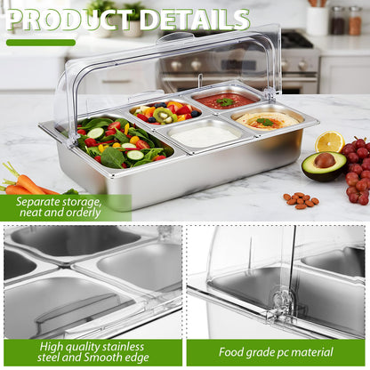 Ziliny Countertop Food Serving Display Container and Clear Roll Top Cover Stainless Steel Food Serving Tray Buffet Condiment Dispenser Display Rack for Restaurant Hotel Kitchen Party (21 x 13 x 11)