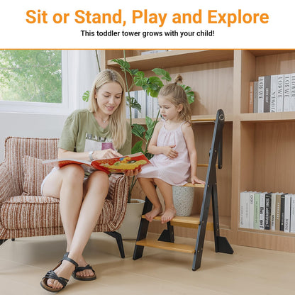 COSYLAND Foldable Toddler Kitchen Stool Helper - Height Adjustable Standing Tower for Bathroom Sink or Kitchen Counter - Step Stool for Toddlers Ages 18 Months to 6 Years White & Natural