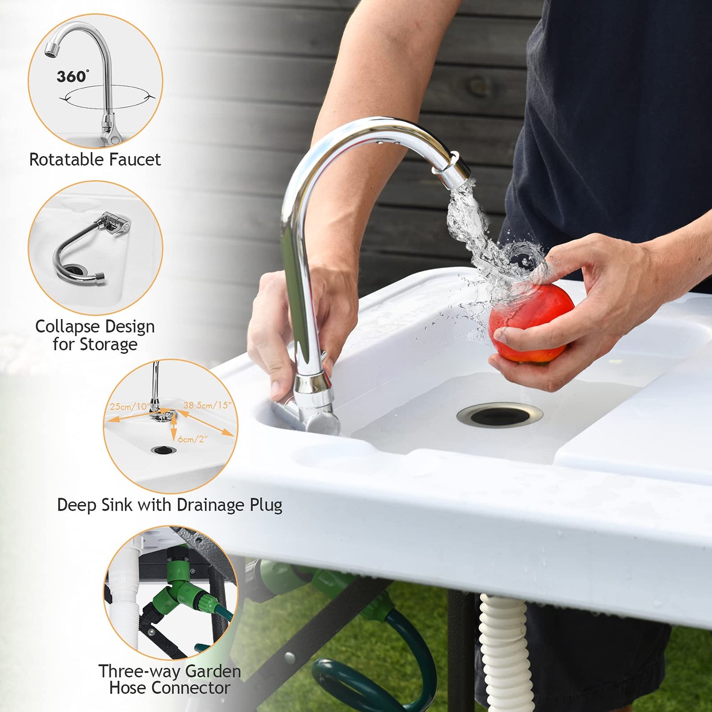 SPORFIT Fish Cleaning Table with Sink, Portable Camping Table w/Flexible Faucet & Sprayer, Drainage Hose Hook Up, Outdoor Fish Cleaning Station for Garden, Backyard, Kitchen (with Sprayer)