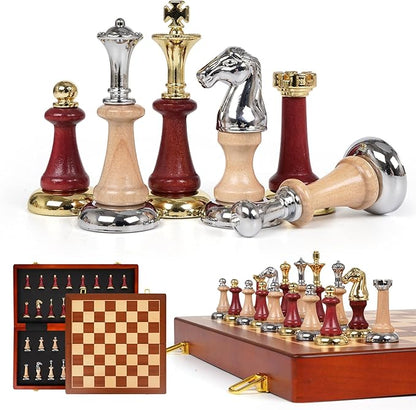 Large Wooden Chess Set with Metal &amp Wooden Chess Pieces Luxury 17 Inch Chess Board Game with 2 Extra Queens Premium Classic Strategy Board Game for Adults Kids Beginners &amp Gift Lovers