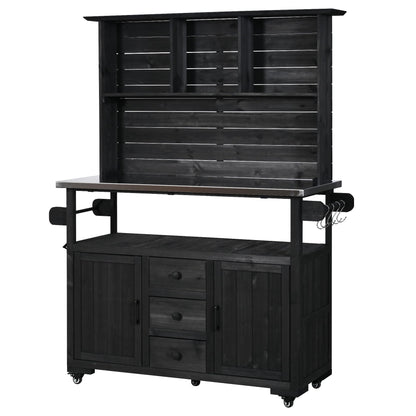 GDFStudio Preden Outdoor Storage Bench Table with Cabinet, Patio Wooden Potting Bench, Garden Storage Work Bench with Stainless Steel Top, Drawers, Cabinets, Shelves and Hooks, Kitchen Island, Black