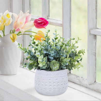 Winlyn Set of 2 Small Artificial Potted Plants Faux Eucalyptus Plant in White Geometric Ceramic Pots Small Desk Potted Plants 7.1" Tall for Home Office Room Decorations Wedding Greenery Centerpiece
