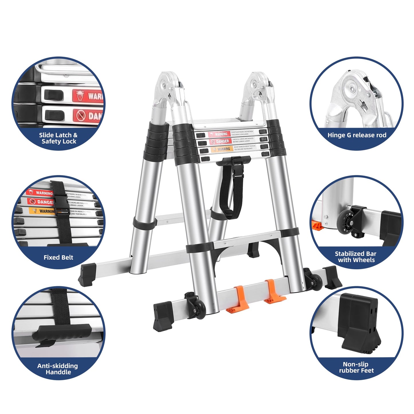 Telescoping Ladder A Frame 12.5 FT, Extension Ladder with Balance Bar & Stabilizers, Collapsible Foldable Ladder for Indoor & Outdoor & Rvs, Multi-Position Compact Ladder for Home, 330lbs Capacity