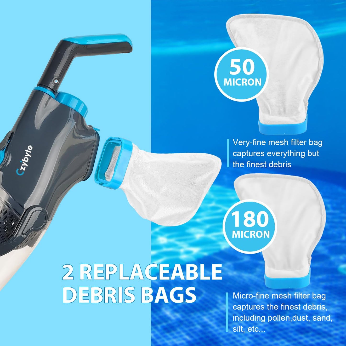 CZYBYTE Handheld Pool Vacuum Cleaner, Rechargeable Pool Bottom Cleaner with Strong Suction, 1 H Runtime, 89 inchs Extension Pole,for Above Ground/Inground Pools, Spas and Hot Tubs, Grey