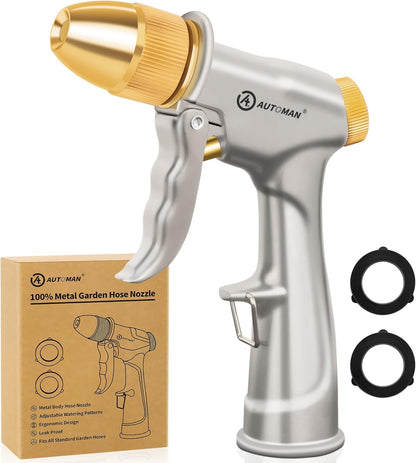 AUTOMAN Garden Hose Nozzle - Heavy Duty 100% Metal Sprayer with 4 Patterns for Watering & Washing