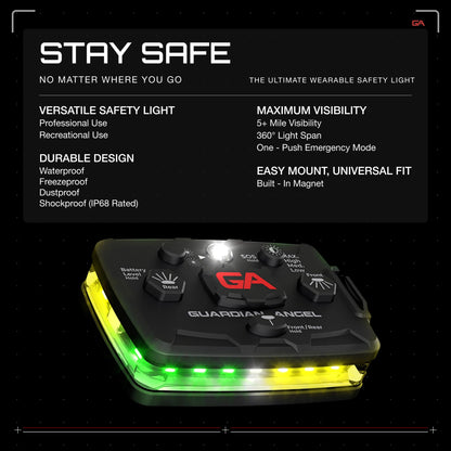 Guardian Angel Elite Series Safety Light (Green/Yellow Front & Green/Yellow Rear) - Rechargeable, Magnetic, Hands-Free Wearable & Mountable Light for Construction, Roadside, Utility & Industrial PPE