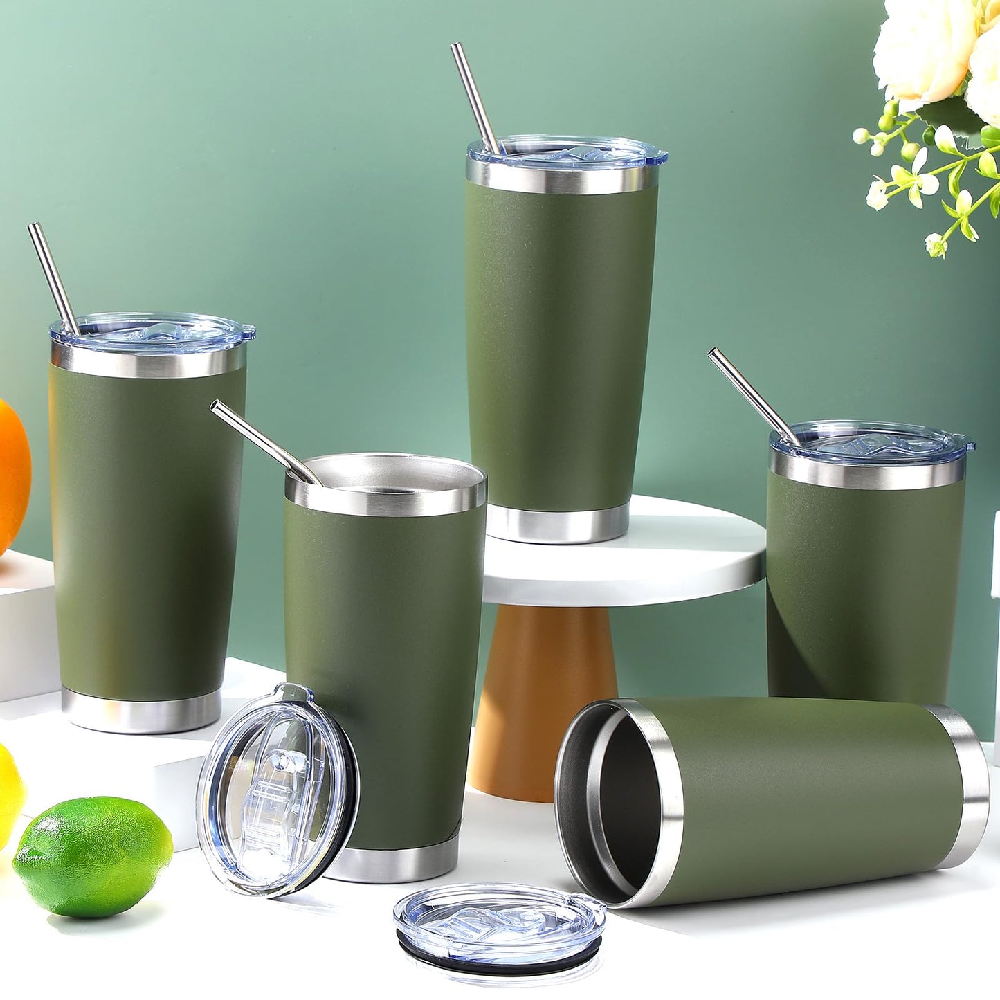 Sieral 25 Pack 20oz Tumbler Bulk Stainless Steel Cups Double Wall Vacuum Insulated Travel Mug Bulk Durable Tumblers with Lid and Straw Powder Coated Coffee Cups (Army Green)