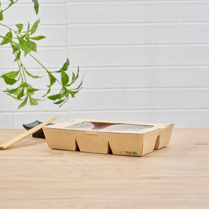 Restaurantware Take Out Box 200 Pack of 23 oz Paper 6-Compartment Food Container Grease-Resistant with Window Kraft Bento Box for Cookies, Sandwiches, Takeaway