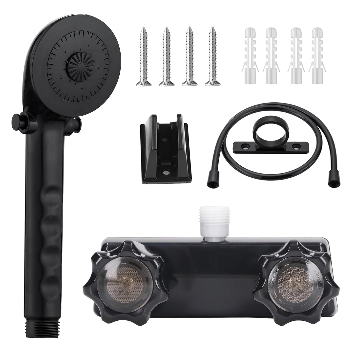 RV Shower Faucet with Shower Head and Hose - Non-Metallic RV Shower Kit, On/Off Valve & Diverter, Handheld Shower Replacement for RV, 5th Wheels, Motorhomes, Travel Trailers, Campers (Black)