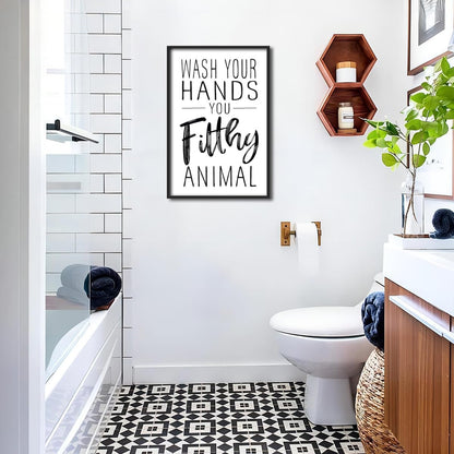 Skiennix Framed Black And White Bathroom Wall Art - Funny Wash Your Hands Poster | Modern Minimalist Decor