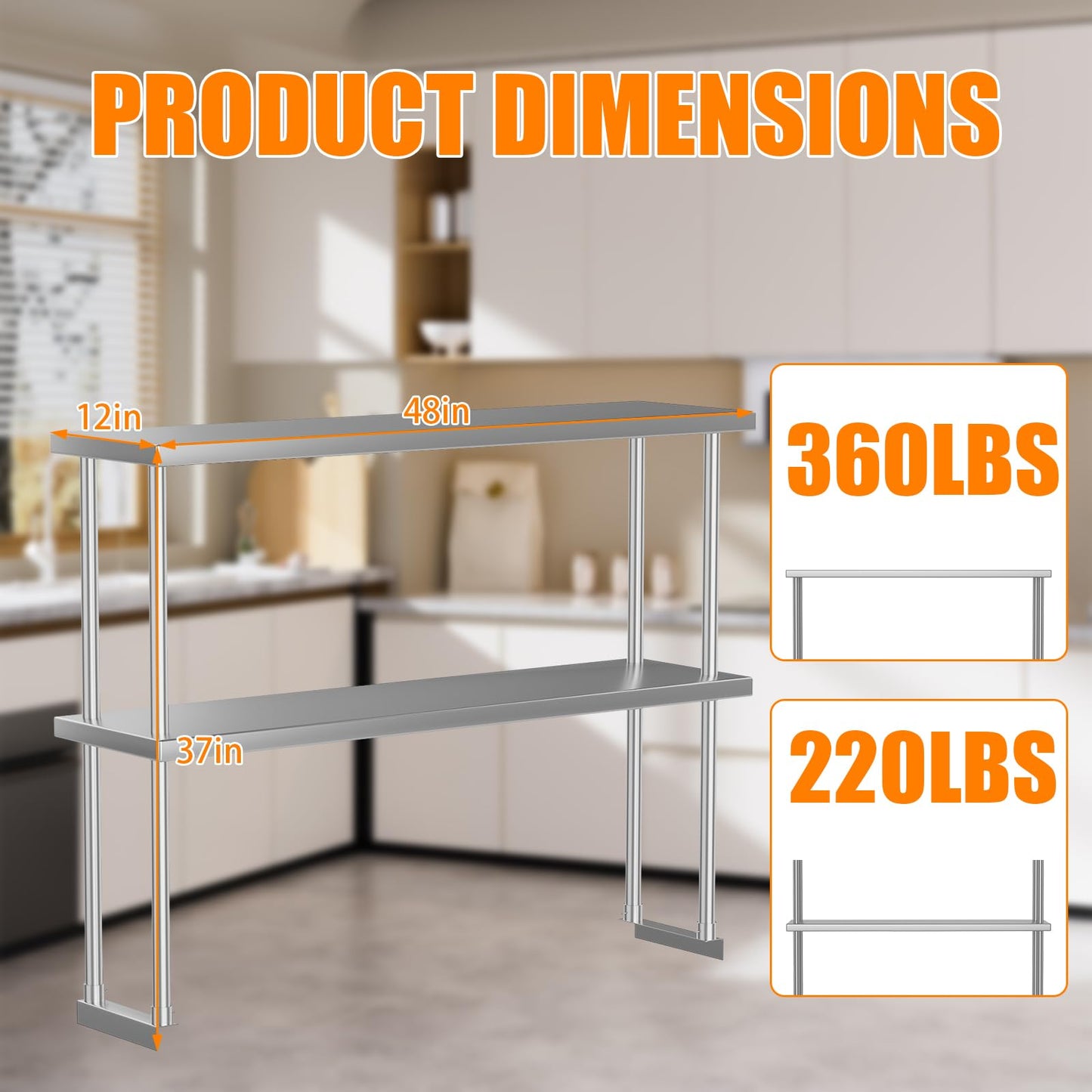 PeacefulHues 12x48 Double Utility Shelves Rack Deck Stainless Steel Prep Table Worktable Workstation with Undershelf, Stainless Steel Tables for Kitchen Home Prep Work Table