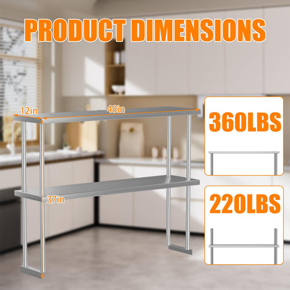 PeacefulHues 12x48 Double Utility Shelves Rack Deck Stainless Steel Prep Table Worktable Workstation with Undershelf, Stainless Steel Tables for Kitchen Home Prep Work Table