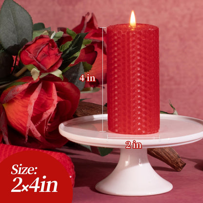 KONNI Beeswax Red Pillar Candles Set of 3, 2"x 4" Unscented Pillar Candles Bulk, 20 Hours Long Burning Candles, Smokeless&Dripless Large Round Candle for Wedding, Decoration, Parties, Spas, Dinner