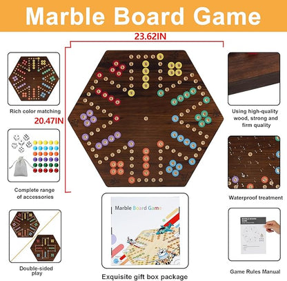 Extra Large Wahoo Board Game Wooden Original Board Game 2 Side Painted Fast Track Game for 4 Player and 6 Player with 30 Marbles6 Dices for Family Game Night (Brush Paint Burn Color)
