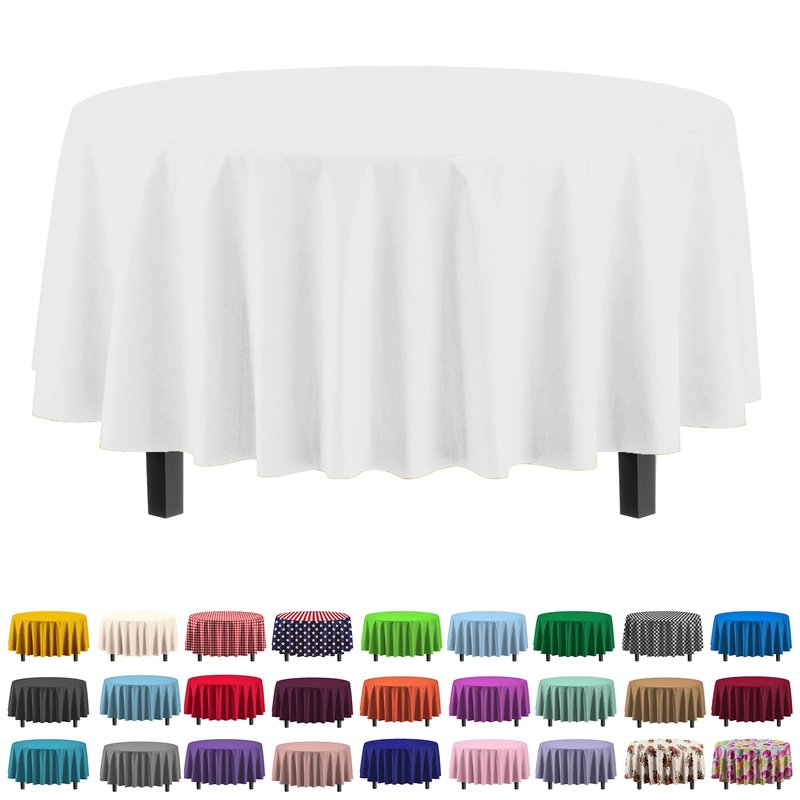 Exquisite Party Solids 6-Pack Premium Plastic Tablecloth 84in. Round Plastic Table Cover - White