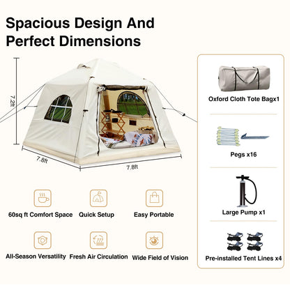 KNUO Inflatable Tent for Winter Camping 7.8x7.8ft Blow Up Air Tents, No Assembly Needed Luxury Glamping Tent for 1/2/3 People, Waterproof Oxford, Beige