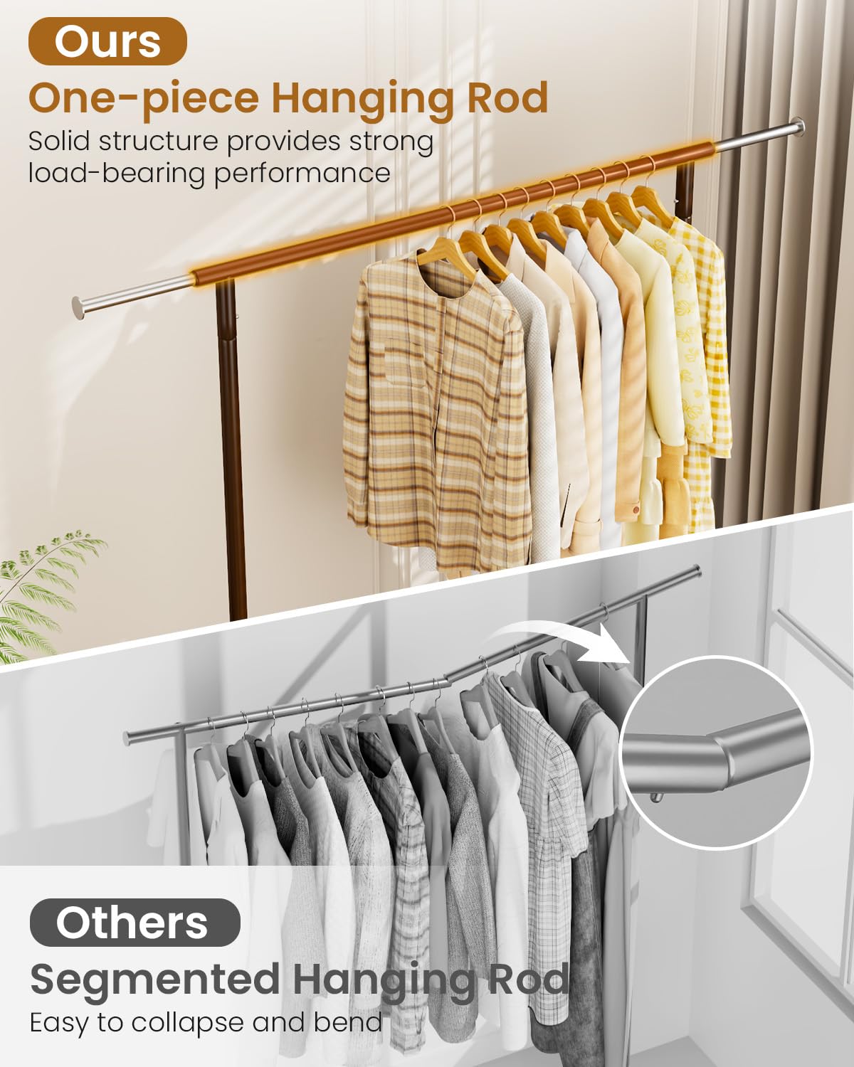 JIEJIERUI Heavy Duty Clothing Rack, Metal Clothes Rack Load 450 LBS, Rolling Coat Racks for Hanging Clothes with Lockable Wheels, Wardrobe Closet Garment Racks for Bedroom, Brown