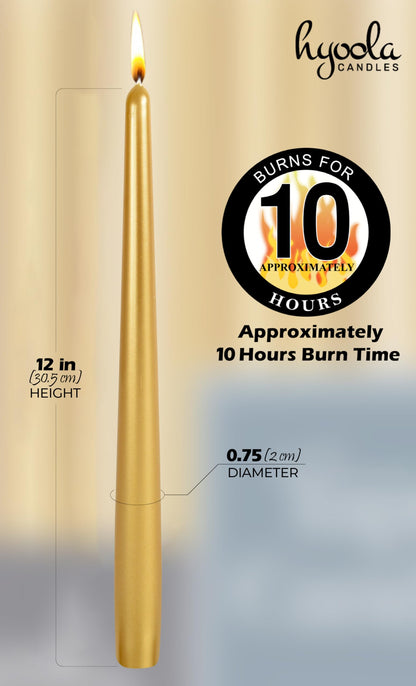 12 Pack Tall Taper Candles - 12 Inch Metallic Gold Dripless, Unscented Dinner Candle - Paraffin Wax with Cotton Wicks - 10 Hour Burn Time