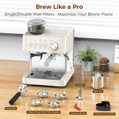 COWSAR 15-Bar Expresso Coffee Machines, Commercial Espresso Machine with Grinder, Milk Frother/Steam Wand & Tamping Tools for Cappuccino & Latte - White