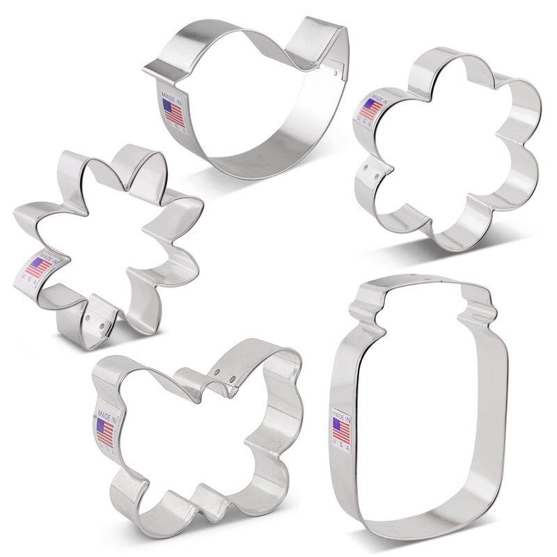 Ann Clark 5-Pc Mother's Day Flower Garden Cookie Cutter Set Made in USA, Butterfly, Bird, Flower, Daisy, Mason Jar