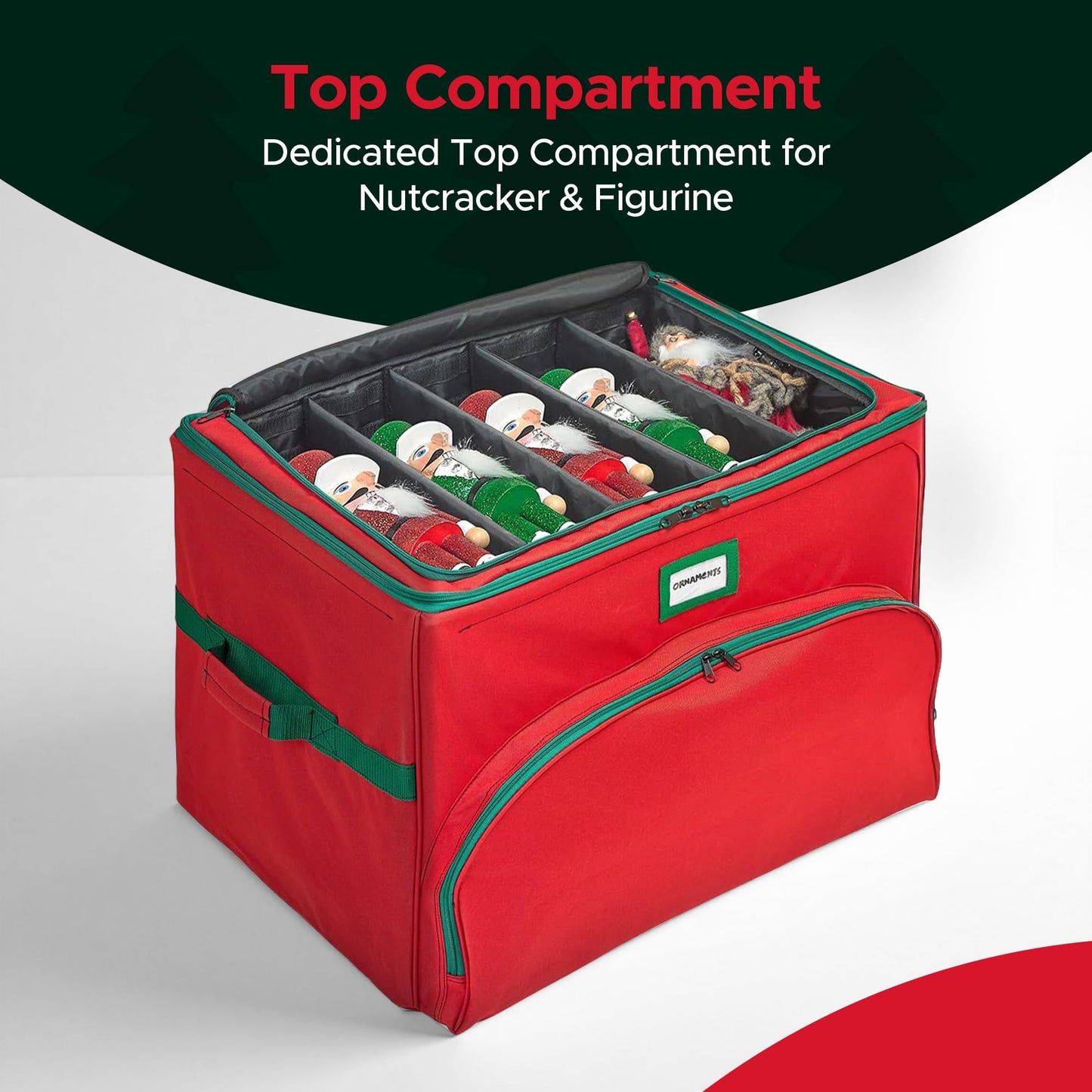 Christmas Nutcracker and Figurine Collectible Storage Box - Holds Up to 72 Ornaments 4” x 4” - Top Adjustable Compartments for Figurines, Nutcrackers, etc - Heavy Duty 600D/ Inside PVC Material